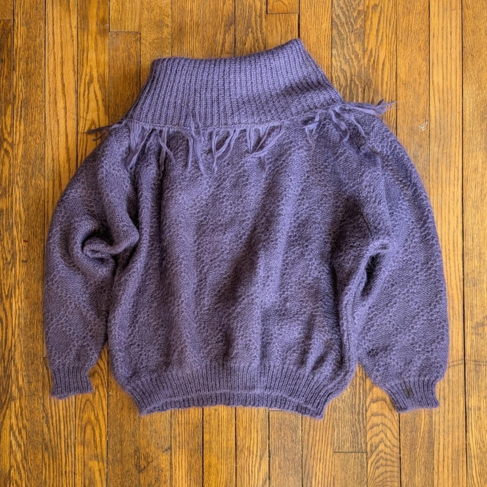Vintage 80's 90's Mohair Blend Mockneck Tassel Fringe Knit Sweater